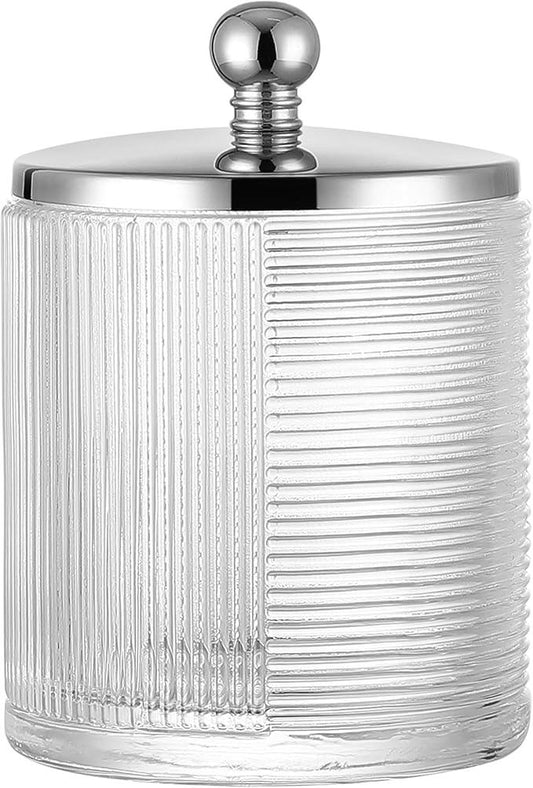 Indecor Home Clear Transparent Apothecary Ribbed Geometric Etched Glass Jar W/Silver/Chrome Metal Lid Cover for Bathroom Organization, Cotton Balls, Q Tips, and Small Accessories, Bathroom Storage - ModernBath