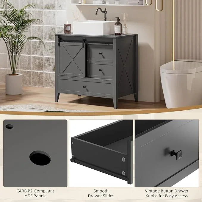 VNN Bathroom Vanity with Sink - 36 Inch Bathroom Vanity with Sink Ceramic, Freestanding Cabinet with Farmhouse Sliding Barn Door and 3 Drawers, Space-Saving Storage Cabinet, Grey - ModernBath