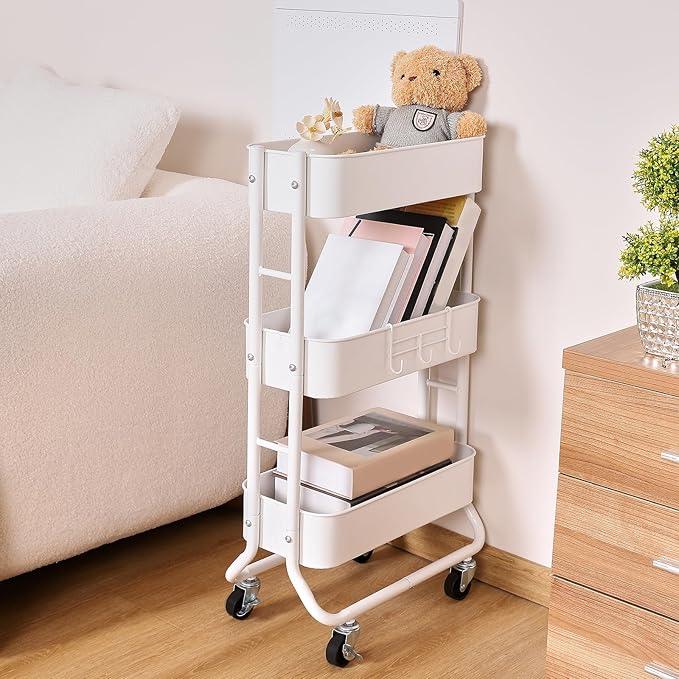 MAX Houser Slim 3-Tier Rolling Utility Cart, Narrow Metal Bathroom Storage Multifunctional Organizer Carts with Wheels with Extra Hook, Laundry Room,Kitchen,Small Space(White) - ModernBath