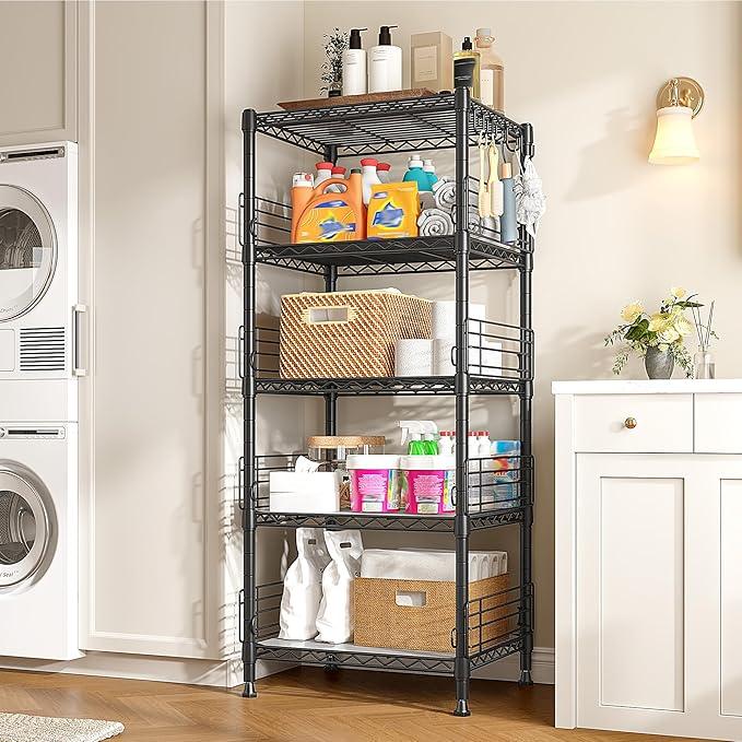 5 Tier Metal Shelving Unit Storage Shelves With Shelf Linker,Adjustable Pantry Shelves Wire Shelving with Hooks,Metal Shelf with Side Blockers for Kitchen,Closet,Office,Laundry,18.1''Wx18.1''Dx59''H - ModernBath