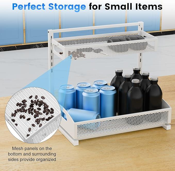 Metal Under Sink Organizer, Pull Out Cabinet Organizer Rack with Silk-Smooth Bottom Drawer, 5-Level Adjustable, Multi-Purpose Storage Shelf for Bathroom, Kitchen, Vanity, Pantry (2-Pack) - ModernBath