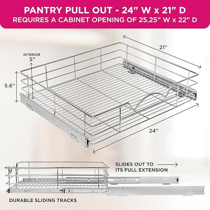 HOLDN’ STORAGE Heavy-Duty Premium Collection Pull Out Cabinet Organizer, Cabinet Drawer Slide Outs, Lifetime Limited Warranty - Basket Size 24" W x 21" D x 5" H, Anti-Rust Chrome Finish - ModernBath