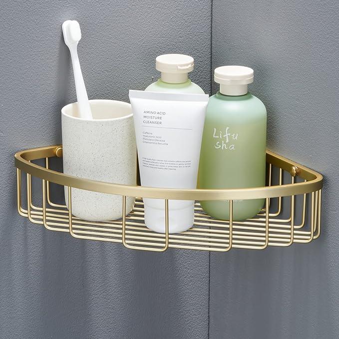 Bathroom Shower Caddy Corner Shelf Basket, Corner-Hollow Design, Ultra Sturdy Rust-Proof Stainless Steel Shelf Organizer Shampoo Holder, Wall Mounted Storage Rack for Bathroom, Brushed Gold - ModernBath
