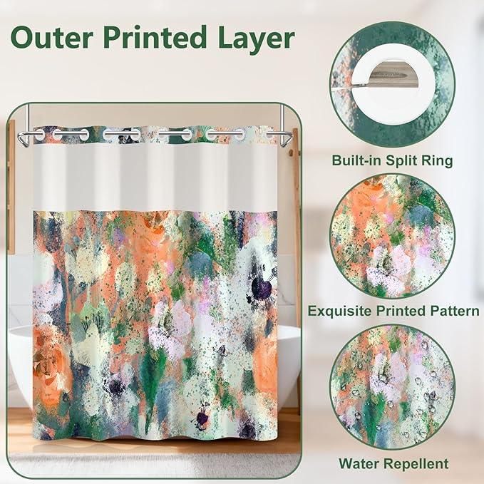 Abstract Colorful Shower Curtain with Liner, Watercolor Modern Aesthetic Bathroom Curtains, Hotel Style Double Layers No Hook Shower Curtain, Washable Waterproof Fabric, Green Yellow 71x74 inch - ModernBath