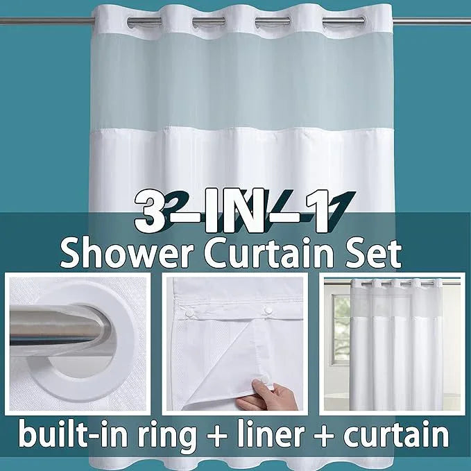 Conbo Mio Extra Long No Hook Waffle Weave Shower Curtain with Snap in Liner Set, Hotel Luxury White Shower Curtains for Bathroom with See Through Top Window, Waterproof, Washable 71W x 84H Stripe - ModernBath