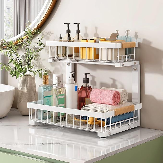 Kitstorack Under Sink Organizer, 2 Packs 2 Tier Under Sink Organizers and Storage, Slide out Pull out Cabinet Organizer Shelf, Metal Sliding Drawer for Kitchen Bathroom Pantry Closet Rack(White) - ModernBath