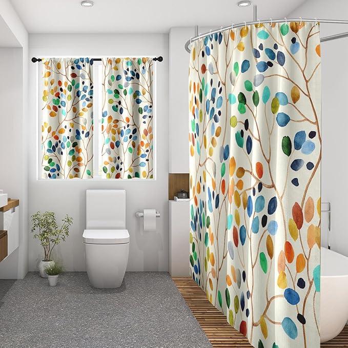 Culudea Colorful Leaves Ivory Shower Curtain Set, Floral Modern Boho Bathroom Window Waterproof Shower Curtain Set for Bathroom Decor - ModernBath