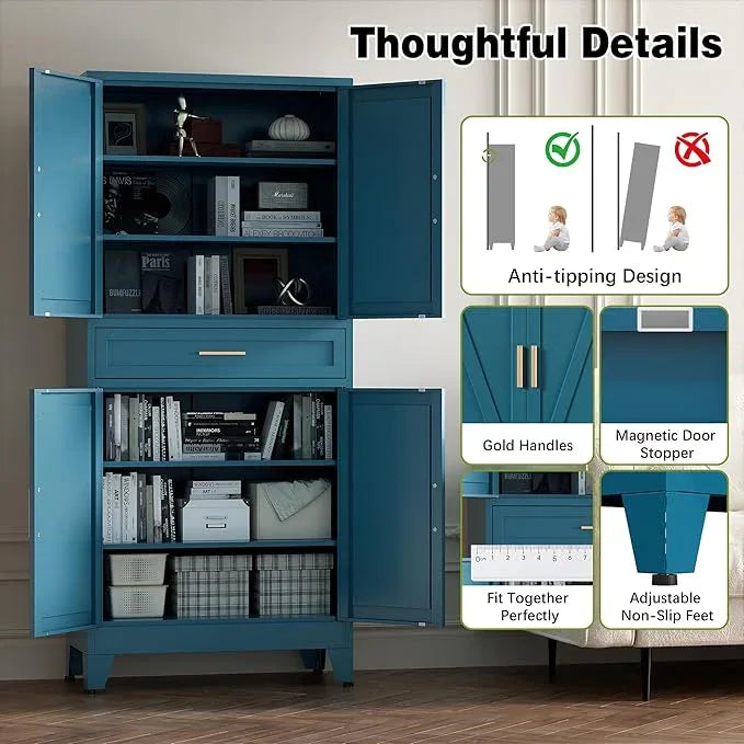COFaR Farmhouse Storage Kitchen Pantry Cabinet with 4 Barn Door, 4 Adjustable Shelves, Drawer and Legs, for Cupboard/Dining Room/Bathroom/Living Room/Office/Laundry Room(Blue Green, 71" Metal Cabinet) - ModernBath