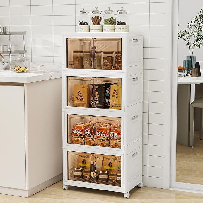 Storage Bins with Lids and Wheels, 180QT-45QT*4Tier Collapsible Bathroom Storage Cabinet with Clear Doors, Plastic Stackable Closet Organizers and Containers White - ModernBath