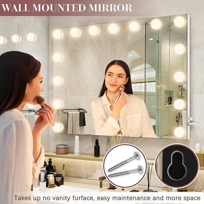 ROLOVE 32"x24" Hollywood Vanity Mirror with Lights, 18 Dimmable LED Bulbs, 3 Color Modes, 10X Magnification, USB Charging Port, Tabletop or Wall-Mounted - ModernBath