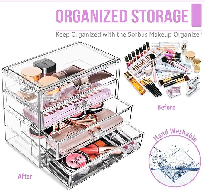 Sorbus Acrylic Makeup Organizer Set, 4-Drawer Vanity & Countertop Cosmetic Storage with Wide Drawers, Clear Makeup Storage for Brushes, Lipsticks, Jewelry – Holiday Gift for Women & Teens - ModernBath