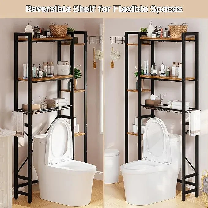 Over The Toilet Storage with Side Shelf, 7 Tier Bathroom Organizer Rack with Paper Holder, Hooks and Basket, Freestanding Above Toilet Shelf for Laundry, Quick Interlock Install (Vintage Brown) - ModernBath