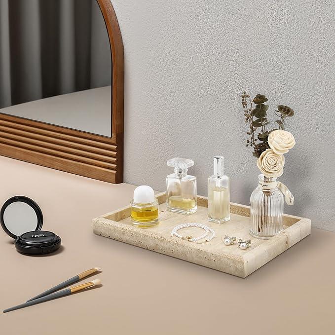 Zilukar Real Natural Travertine Tray for Bathroom, Vanity, Kitchen and Desktop, Rectangle Genuine Travertine Stone Tray for Jewelry, Cosmetics, Candles, Lotion, Perfume and Home Decor - ModernBath