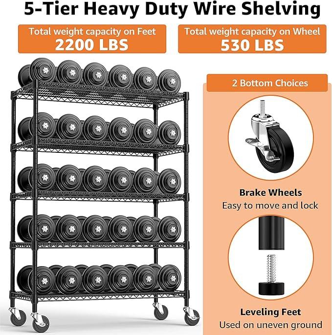 Garage Shelving 5 Tier Industrial Metal Shelving Units for Commercial, Basement, Pantry, Warehouse, School, Black Heavy Duty Easy Assembly 23.6" D x 53.2" W x 73.6" H - ModernBath