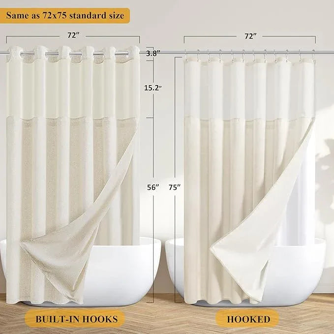 Jowels No Hooks Needed Linen Shower Curtain and Liner Set, Hotel Luxury Decor Shower Curtains for Bathroom with See Through Top Window,Water Resistant Fabric,72Wx75L,Natural Linen - ModernBath