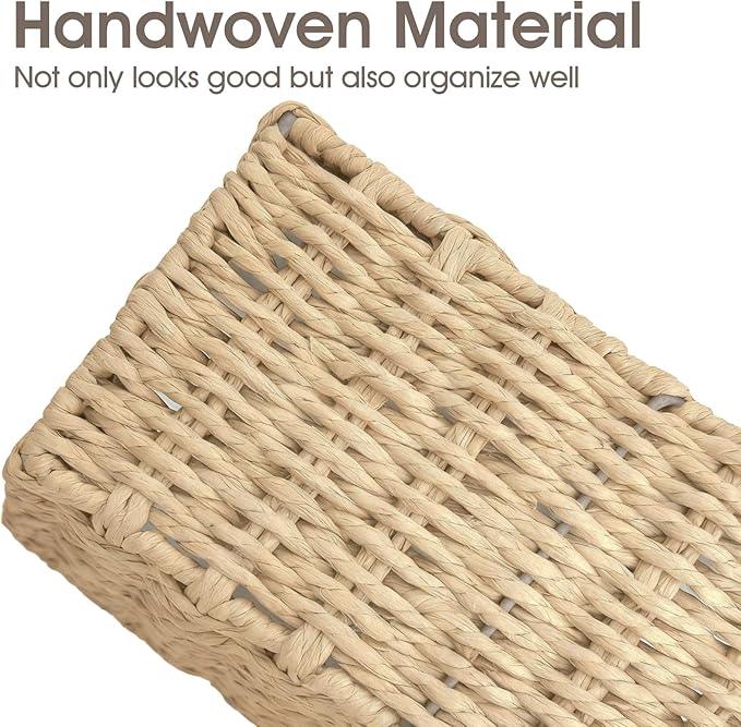 Paper Rope Storage Baskets for Shelves Organizing, Small Hand Woven Wicker Organizer Basket with Handle for Bathroom Toilet Paper Storage, Beige, 3-Pack - ModernBath