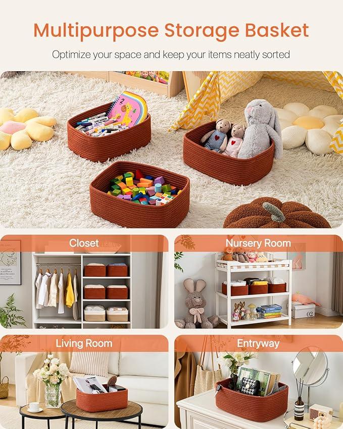 Small Woven Basket, 13.5 x 9.5 x 5 Inches, Storage Basket for Organizing, Cute Small Rope Shelf Closet Cube Storage Bins Baskets for Shelves, Dog Toy Gift Baskets Empty, 3 Pack Rust Red - ModernBath