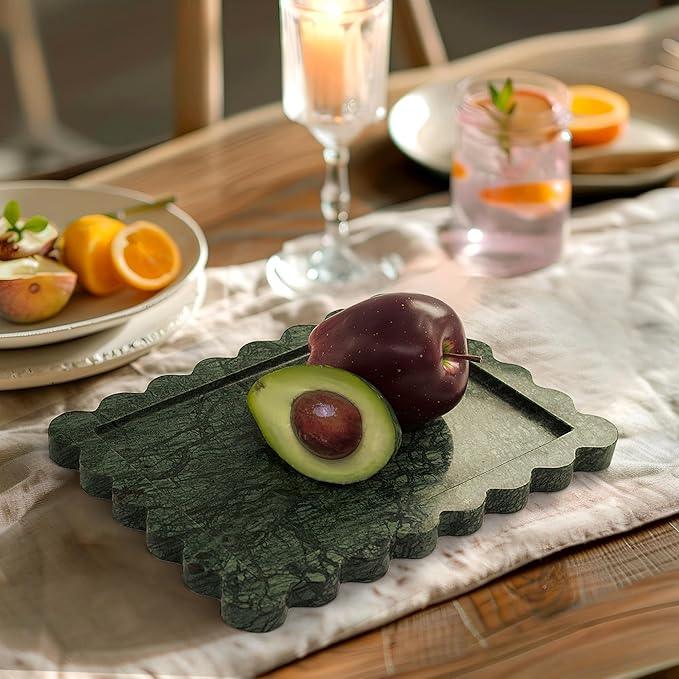 YMXYJM Genuine Indian Green Scalloped Marble Tray, Real Natural Marble Stone Trays, Luxury Decorative Trays for Bathroom, Dresser, Vanity, Home Decor, 10.6" x 8", Dark Emerald Green - ModernBath