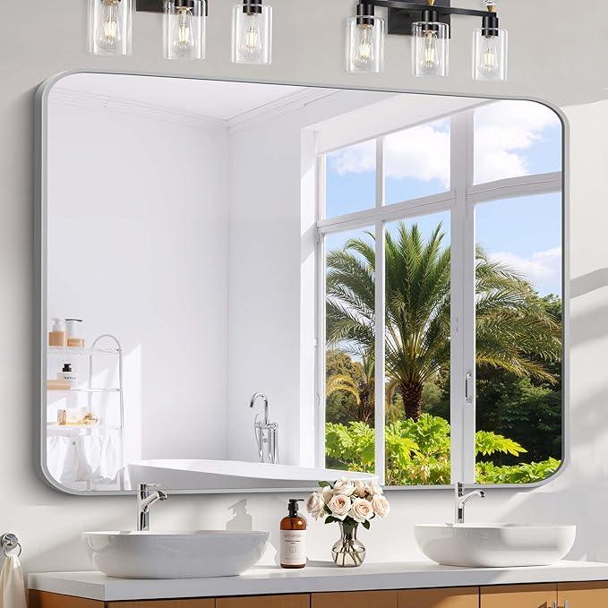 CIVENO 48x40 Inch Silver Bathroom Mirror, Large Rectangle Mirror, Metal Framed Rectangular Vanity Mirror, Rounded Corner Wall Mounted Mirror for Living Room Bedroom Entryway Horizontal or Vertical - ModernBath