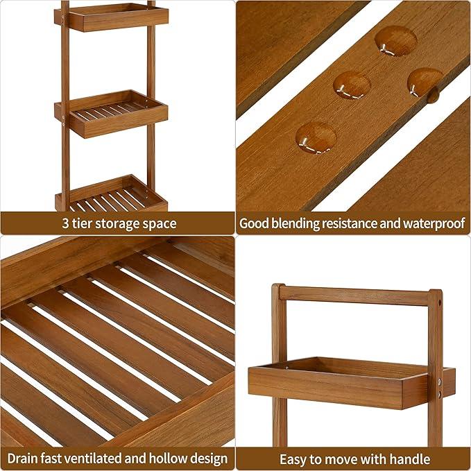 Utoplike Teak Shower Caddy Corner, 3 Tier Standing Shower Organizer Shelf with Handle, Wood Bathroom Stand Up Caddy Basket for Shampoo, Rack for Inside Shower, Bath, Office, Kitchen Desktop - ModernBath