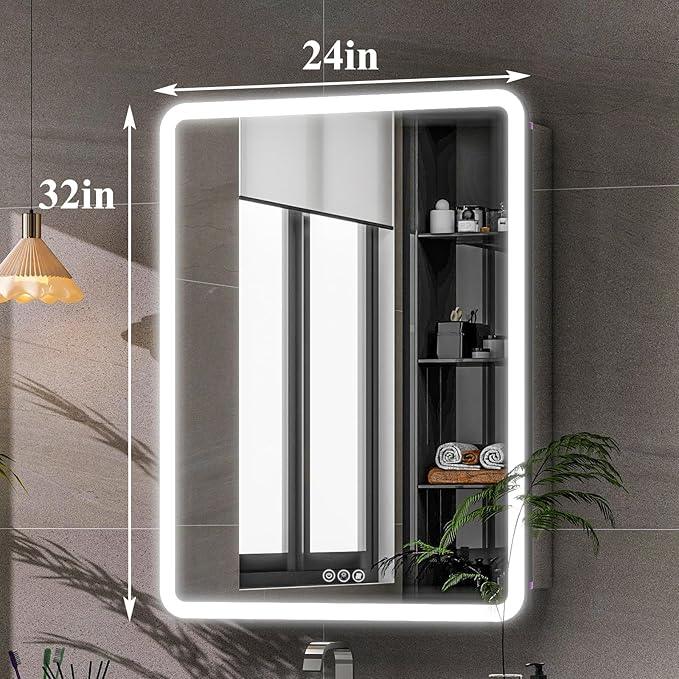 LED Bathroom Medicine Cabinet with Mirror, 24 Inch x 32 Inch Bathroom Mirror Cabinet with Door & Adjustable Shelves, Surface Mount or Recess Installation - ModernBath