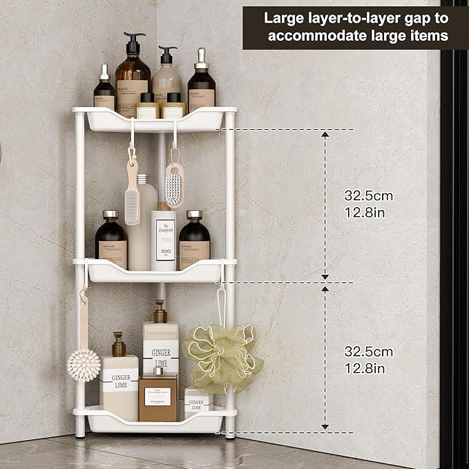 Orimade Rustproof 3 Tier Floor Standing Corner Shower Caddy Organizer, Plastic Metal Splicing Floor Corner Shelf Rack Stands for Bathroom, White - ModernBath