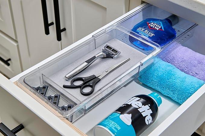madesmart Expandable Dental Tray Drawer Organizer with Drying Stone, Clear Plastic Organizer for Toothbrush, Dental Floss, Water Flosser, Mouthwash - ModernBath