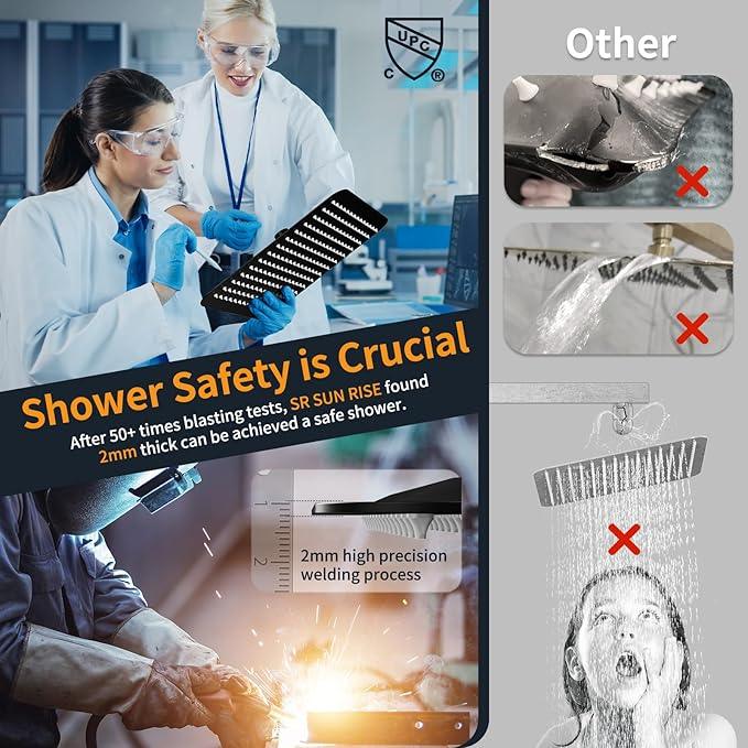 SR SUN RISE Matte Black Square Rainfall Shower Head and Handle Set, Wall Mounted Shower Fixtures, Metal Shower Faucet Trim Repair Kits (With Shower Valve) 16 Inches - ModernBath