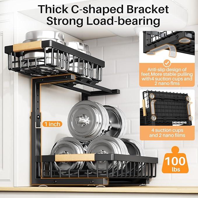 PXRACK 1 Pack Under Sink Organizer,Adjustable Height,2 Tier Pull Out Under Cabinet Organizer,Slide Out Thickened Metal Under Sink Storage for Kitchen Bathroom Laundry Cabinet Pantry,Black(S) - ModernBath