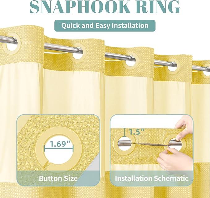 eachope Yellow No Hook Waffle Weave Shower Curtain with snap-in Liner Replacement, 230GSM Waterproof Fabric Hotel Shower Curtain Set for Bathroom, Through Mesh Top Window,71Wx86H - ModernBath