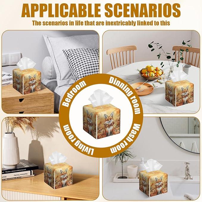 Autumn Fox Pumpkin Tissue Box Cover 2PCS, Leather Tissue Box Holder Square Facial Paper Case Tissue Box Cube Organizer for Bathroom Bedroom Desk Office - ModernBath