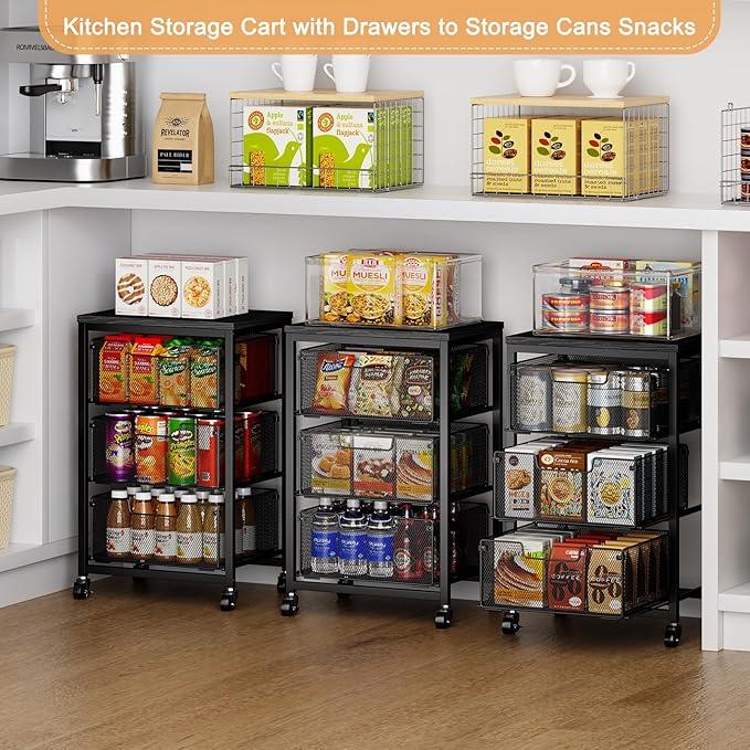 Pantry Organizer and Storage Cart, 3-Tier Kitchen Storage Cart with Drawer, Fruit Vegetable Storage Cart with Wheels, Wooden Top Metal Wire Kitchen Organizer Rack Stand for Food Snack Onion Potato - ModernBath