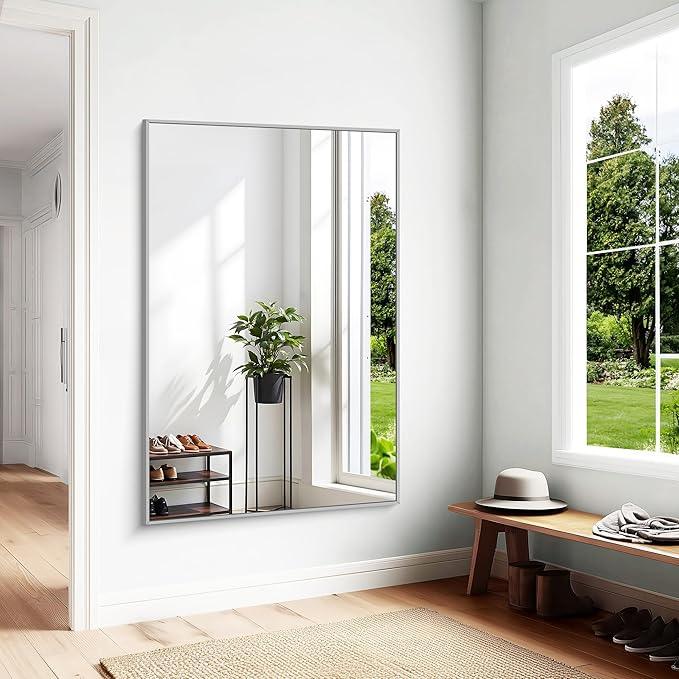 KOCUUY Silver Bathroom Mirror, 60"x40" Large Rectangle Bathroom Mirror for Wall, HD Tempered Glass, Anti-Rust Brushed Silver Frame, Modern Design for Bathroom, Bedroom, Hang Horizontal/Vertical - ModernBath