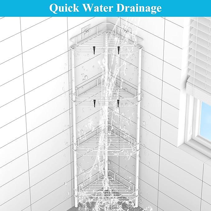 4 Tier Floor Standing Corner Shower Caddy Organizer Shelf with Hooks, Bathroom Shelves Stand Rack, White - ModernBath