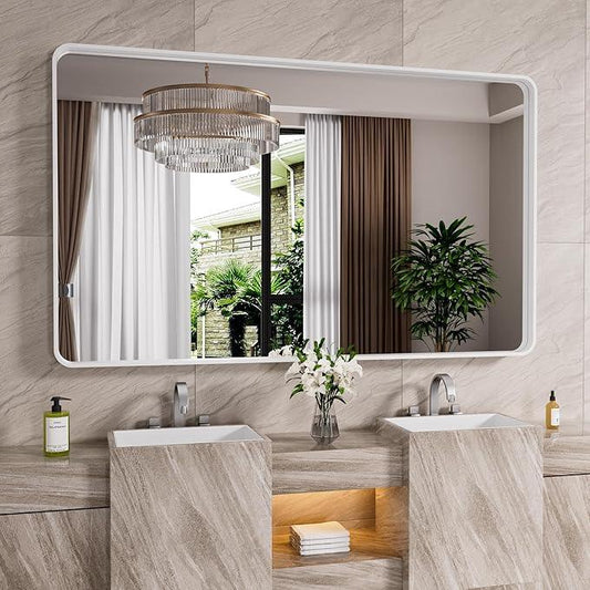JISOSO White Bathroom Mirror 60x30 Inch, White Metal Framed Bathroom Mirror for Wall, Rounded Rectangle Matte Bathroom Vanity Mirror, Tempered Glass, Anti-Rust, Horizontal/Vertical - ModernBath