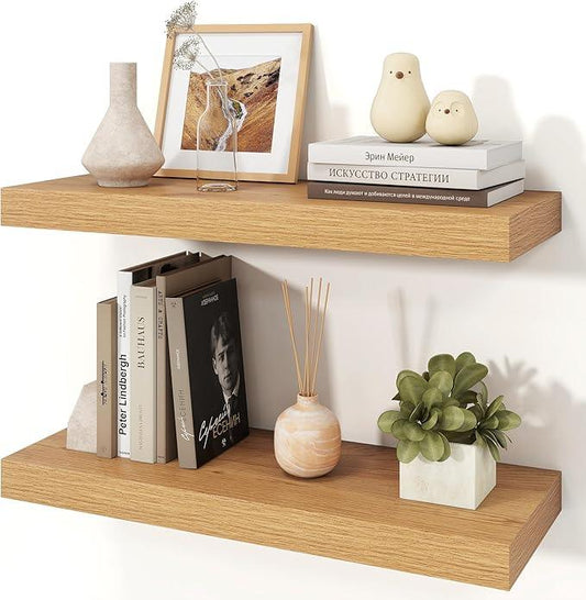 Floating Shelves for Wall, Wall Mounted Rustic Wood Shelves for Bathroom, Bedroom, Living Room, Kitchen, Hanging Shelf for Books/Storage/Room Decor (Oak, 24") - ModernBath