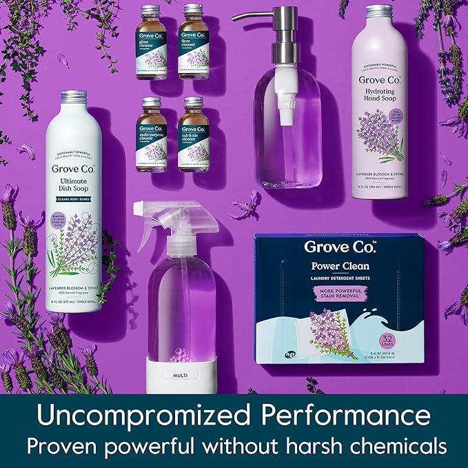 Grove Co. Foaming Hand Soap Concentrate (12 Fl Oz) + Reusable Glass Soap Dispenser, Plastic-Free Liquid Refillable Starter Kit, Natural Lavender Blossom & Thyme Fragrance - ModernBath