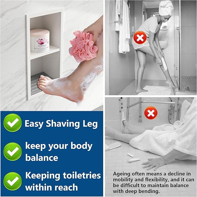 Qeke Shower Foot Rest for Shaving Legs, 304 Stainless Steel Footrest Niche with Shaving Holder, Recessed Shower Niche for Shaving Legs, Matte White, 5.9" X 12.3" - ModernBath