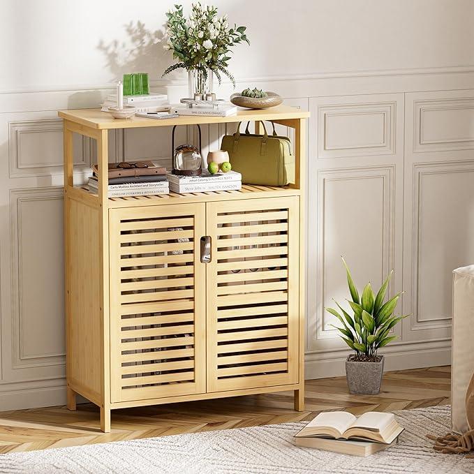 HITNET Bathroom Cabinet Freestanding, Bamboo Storage Cabinet 4-Tier Floor Cupboard with Door and Shelf for Bathroom, Kitchen, Hallway, Natural - ModernBath