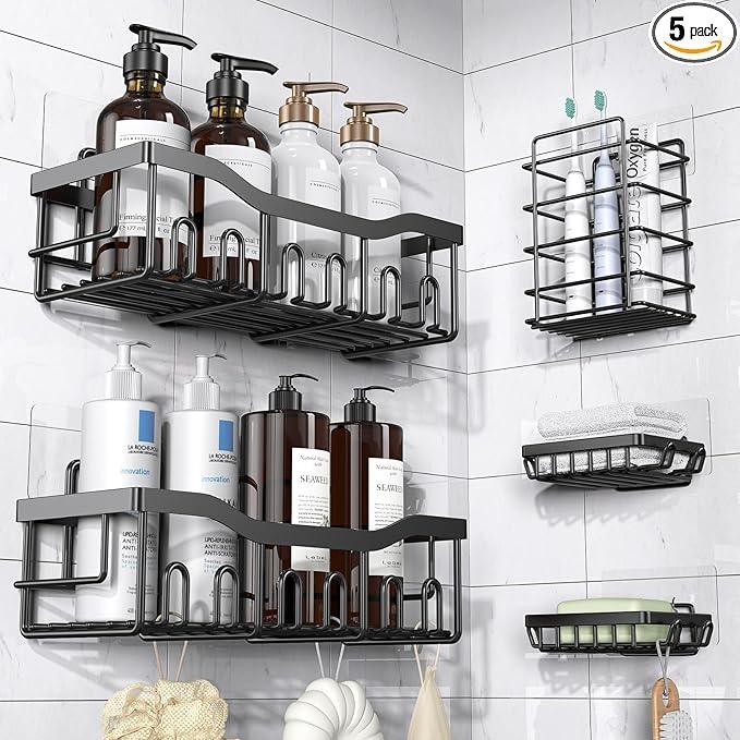 EUDELE Adhesive Shower Caddy, 5 Pack Rustproof Stainless Steel Bath Organizers With Large Capacity, No Drilling Shelves for Bathroom Storage & Home Decor - ModernBath