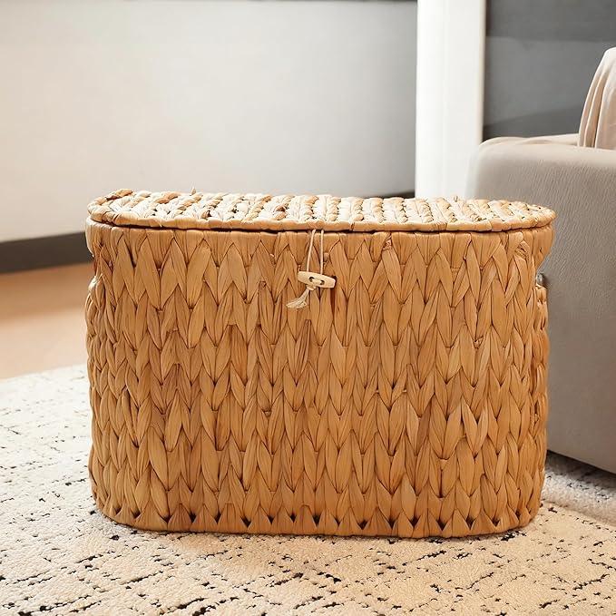PINXIURY Water Hyacinth Toilet Paper Storage Basket, Bathroom Toilet Organizer with Lid, Woven Toilet Paper Holder for 6 Mega Rolls Bathroom Storage, Magazine Holder for Office, Bedroom - ModernBath