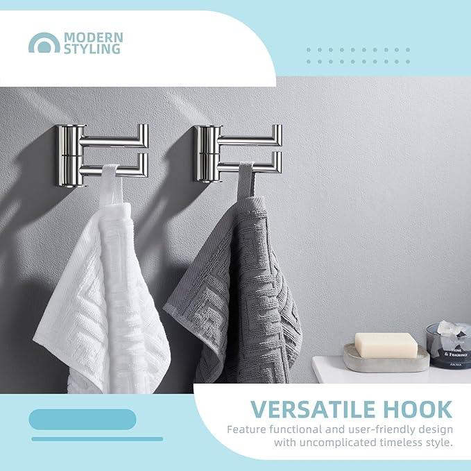 Angle Simple Swivel Hook for Towel Polished Chrome 2 Pack, 304 Stainless Steel Bathroom Towel Double Hook for Wall - ModernBath