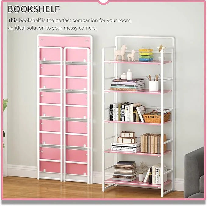 4NM No Assembly 5 Tiers Folding Bookshelf Storage Shelves Vintage Bookcase Standing Racks Study Organizer Home Office (Pink White) - ModernBath