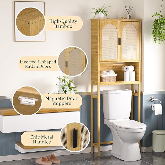 MUPATER 67''H Bamboo Over The Toilet Storage Cabinet, Bathroom Organizer Over Toilet with Rattan Doors, Freestanding Bathroom Storage Shelf Space-Saver, Natural - ModernBath