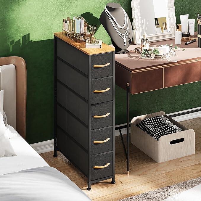 Narrow Dresser Storage Tower with 5 Drawers, Slim Dresser Chest of Drawers with Steel Frame, Wood Top, Dresser for Bedroom, Bathroom, Small Spaces, Laundry, Closet, Black - ModernBath
