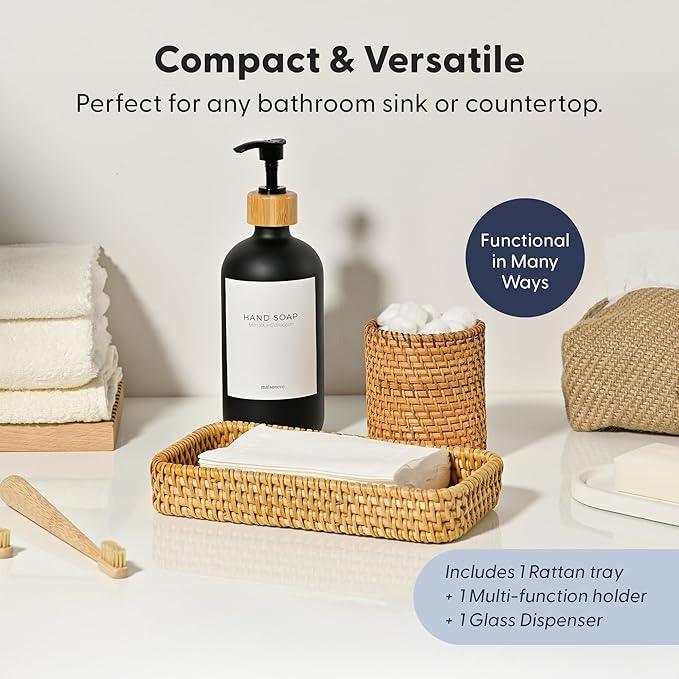 MaisoNovo Rattan Bathroom Set - Black Countertop Dispenser, Toothbrush Holder & Toothpaste Cup with Tray - Set of 3 - Rattan Bathroom Vanity Trays Rectangle for Storage - ModernBath