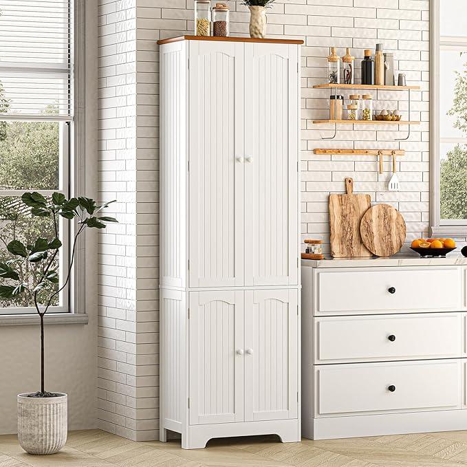 72.2'' Pantry - 4 Door Kitchen Cabinet with Adjustable Shelves, Freestanding Cupboard, Tall Storage Cabinets for Dining Room, Living Room, Laundry, Bathroom, Entryway, White 2Pcs - ModernBath