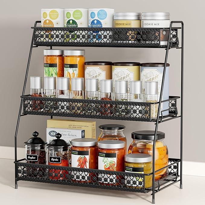 SILUB Vintage 3 Tier Spice Rack Organizer for Kitchen Counter, Bathroom Counter Organizer, 3 Tier Bathroom Counter Organizer for Spices Makeup Perfumes, Retro Countertop Organizer - ModernBath