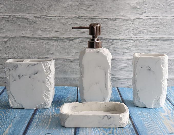 Hymmah Marble Bathroom Accessories Set,Marble Design Toothbrush Holder,Farmhouse Bathroom Decor,4 Pcs Resin Gift Set Apartment Necessities, Contain Toothbrush Cup,Soap Dispenser,Soap Dish,Tumbler - ModernBath