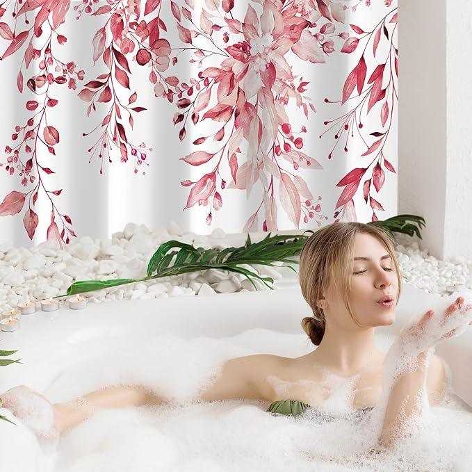 Gibelle Long Shower Curtain 72 x 78, Tall Pink Floral Shower Curtain for Bathroom, Watercolor Plant Eucalyptus Leaves Fabric Shower Curtain Set - ModernBath